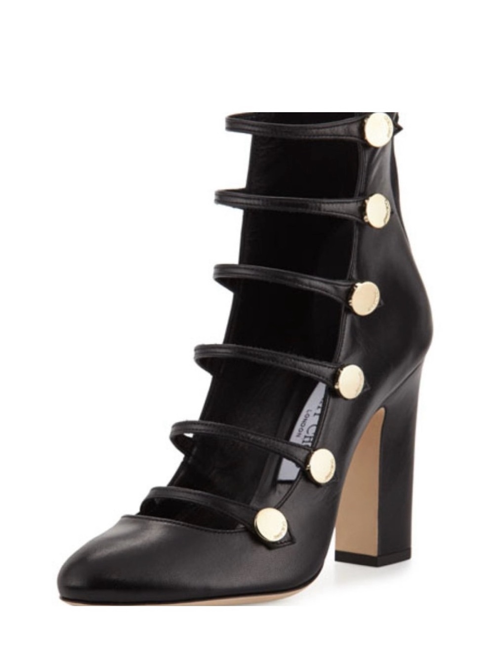 Jimmy Choo Black Multi-Strap Block Heel Pumps with Gold Discs